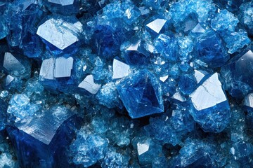 Poster - Intricate patterns of frosty blue crystals scattered throughout . A close-up view of shimmering blue crystals, showcasing their intricate facets and vibrant color.