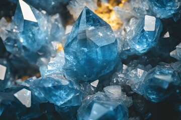 Poster - Intricate patterns of frosty blue crystals scattered throughout . A close-up view of shimmering blue crystals, showcasing their intricate facets and vibrant color.