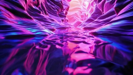 Poster - Colorful neon canyon with reflective water and glowing walls. Futuristic art design