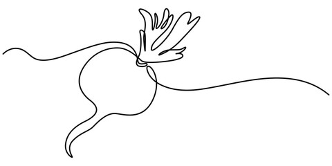 Poster - Vector continuous one single line drawing icon of beetroot with leaf in silhouette on a white background. Linear stylized, Beetroot in continuous line art drawing style. Garden beet black linear style