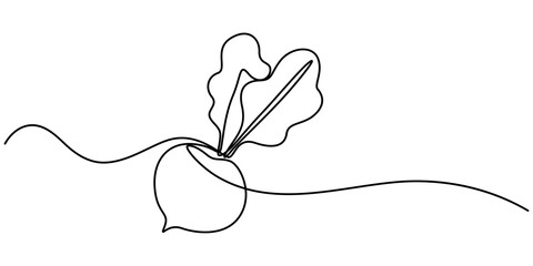 Poster - Vector continuous one single line drawing icon of beetroot with leaf in silhouette on a white background. Linear stylized, Beetroot in continuous line art drawing style. Garden beet black linear style