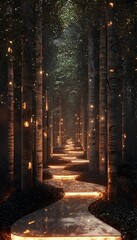 Poster - A conceptual forest runway where glowing trees and radiant pathways create a magical scene for avant-garde fashion