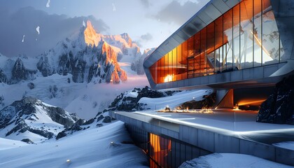 Poster - A surreal mountain lodge where glowing windows and radiant pathways create a luxurious backdrop for metallic couture