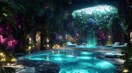 Aufkleber - A conceptual rainforest spa where glowing pools and radiant floral patterns frame flowing resort-style fashion