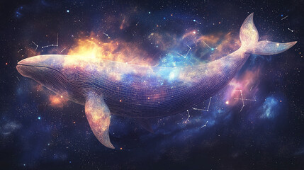 Wall Mural - cosmic whale: a celestial whale gracefully swims through a swirling galaxy of stars, nebulae, and co