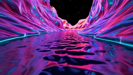 Aufkleber - Abstract neon tunnel with vibrant reflections on water. Futuristic digital art