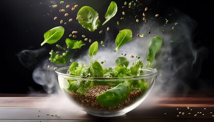 Wall Mural - fresh green leaves appear to float above a glass bowl filled with leafy greens and seeds surrounded by a mist conveying a sense of freshness and vitality ideal for culinary health