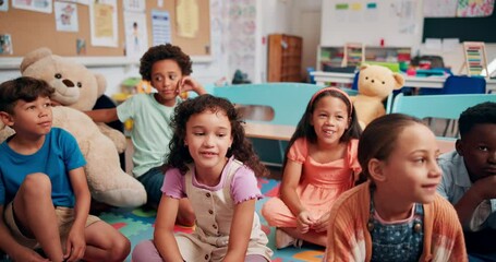 Aufkleber - Education, talking and group of children, learning and teacher with questions in classroom or school. Elementary, students and teaching kids for knowledge, growth and development with lesson or smile