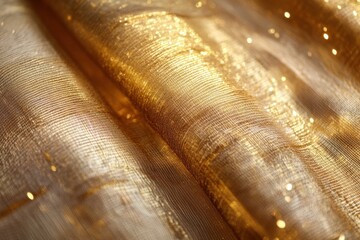 Poster - Luxurious Shiny Golden Fabric . A close-up view of luxurious gold fabric, showcasing its rich texture and shimmering surface.