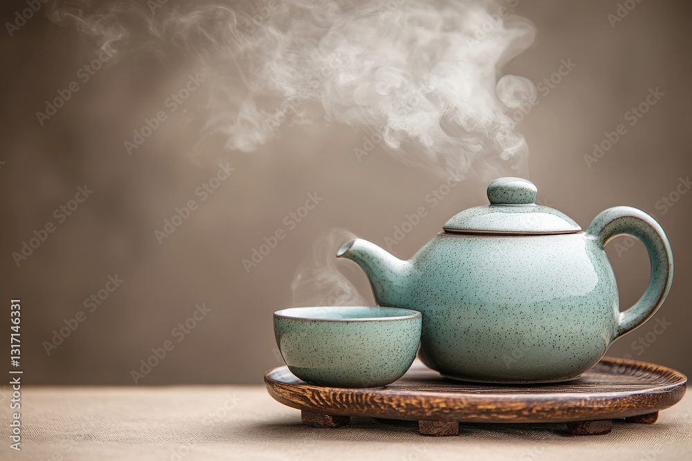 A teal teapot with a matching cup sit on a round wooden tray. Hot steam rises from the teapot and cup. The objects rest on a neutral surface against a blurred background.