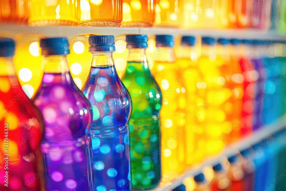 Rows of glass bottles containing different colorful liquids are displayed. The liquids range in shades of red, purple, blue, green, and yellow, with a bright backlight illuminating them.