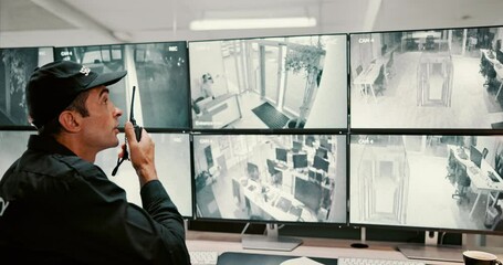 Poster - Man, security guard or radio with screen for surveillance alert, robbery or safety breach in building. Male person, CCTV operator or mall cop with speaker for theft, danger signal or calling backup