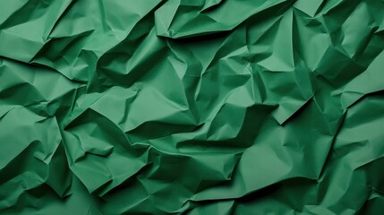 Poster - Crumpled emerald green wrapping paper displaying intricate folding patterns, generating textured abstract background with dynamic light and shadow interplay