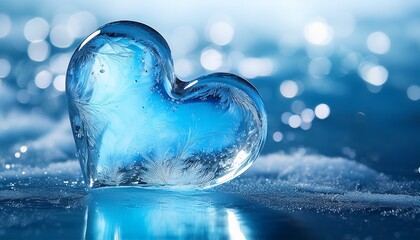 Wall Mural - water heart on ice blue liquid heart shape on icy surface with bokeh background