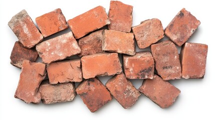 Poster - Weathered red bricks arranged on white studio surface, showcasing vintage industrial texture with raw, aged character and textural depth