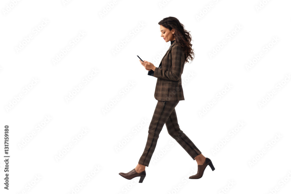 Professional woman walking and typing on a mobile isolated on ...