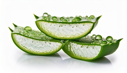 Wall Mural - fresh cuts of aloe vera leaf covered with water drops isolated on white background