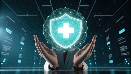 Aufkleber - Healthcare Security: Two hands cradle a glowing shield with a medical cross, symbolizing healthcare, data protection, and safety in a digital age.