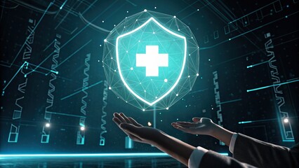 Aufkleber - Healthcare Security: A digital shield of healthcare security is held aloft by a pair of hands, symbolizing protection, safety, and the advancement of medical technology.