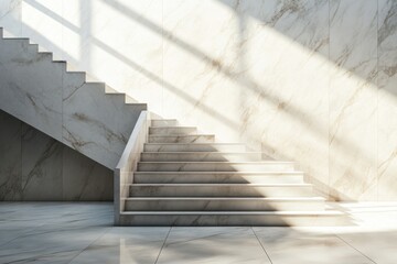 Poster - Marble Interior with Sunlight on Elegant Stairs . A grand staircase in a spacious white house, adorned with an elegant chandelier overhead, creating a luxurious ambiance.