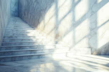 Poster - Marble Interior with Sunlight on Elegant Stairs . A grand staircase in a spacious white house, adorned with an elegant chandelier overhead, creating a luxurious ambiance.