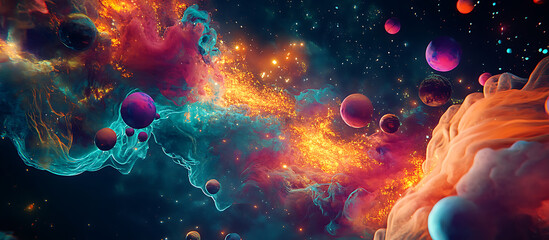 Wall Mural - Cosmic clouds swirl amidst colorful planets and sparkling stars painting a vibrant and fantastical scene in the depths of space.