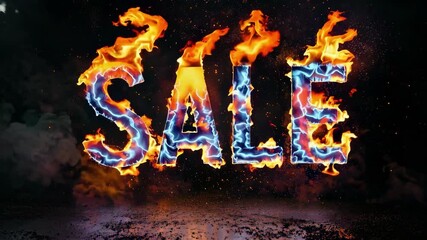 Poster - Fiery sale sign with burning letters in dramatic nighttime setting. Marketing concept