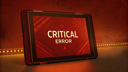 Poster - technical difficulties concept, Critical error displayed on tablet with red background and lights