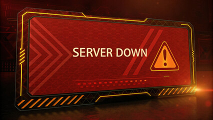 Poster - technical difficulties concept, Server down warning with red background and glowing triangle icon