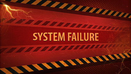 Poster - technical difficulties concept, system failure warning in bold red text with caution stripes