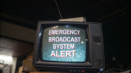 Poster - technical difficulties concept, Emergency broadcast system alert displayed on vintage television screen