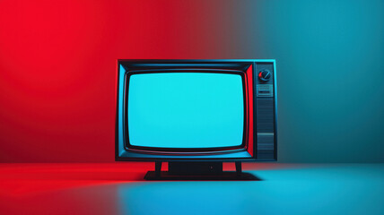 Poster - technical difficulties concept, vintage television with blue error screen against red and blue background