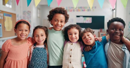 Poster - Face, hug and diversity with students in classroom for future, education and youth. Learning, academy and knowledge with group of kids at school for child development, friends and happiness together