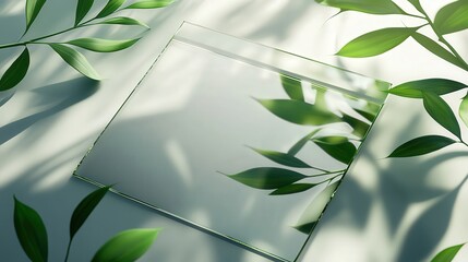 Poster - Transparent glass sheet surrounded by green leaves casting soft shadows on a light surface