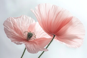 Poster - Two delicate pink poppies stand gracefully, their soft petals illuminated by gentle light, creating a tranquil and beautiful atmosphere