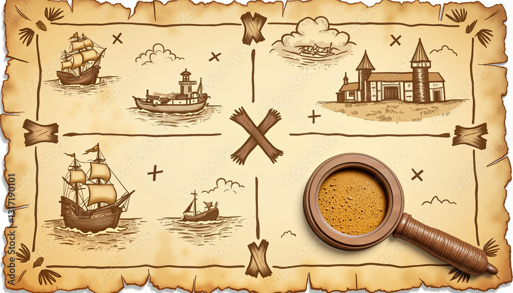 Treasure map illustration featuring landmarks and an X marked spot ...