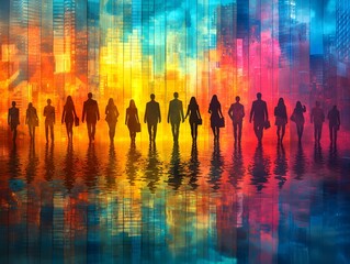 Poster - vibrant glowing graph depicting ascending business trends with silhouetted figures walking upward