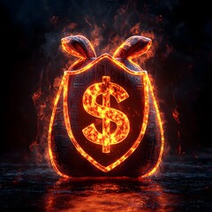 Poster - glowing minimalist money bag icon with protective shield symbolizing secure financial assets