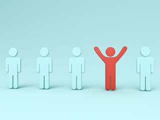Fototapete - Stand out from the crowd and different creative idea concepts One red man standing with arms wide open among blue people on light blue background and shadow business creative idea concept 3D rendering