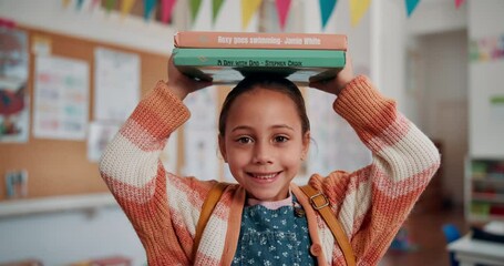 Poster - Happy, face and child with books in classroom for literature learning, reading or development. Scholarship, kid and portrait of girl student with storytelling education at elementary school.