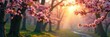 © vilavanh - Gentle morning light filters through blossoming trees, serene scene, forest glow, tree flowers