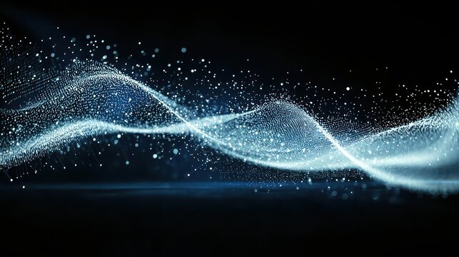 Abstract Blue Wavy Particle Effect on Dark Background Reflecting Light