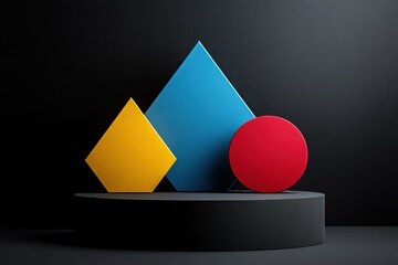 Poster - a minimalist setup features bold geometric shapes in vibrant colors against a black backdrop, showca