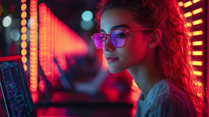 Poster - Vibrant Glowing Classroom Where Students Practice Coding on Laptops Surrounded by Skill Icons