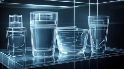 Poster - Transparent cosmetic containers displayed on a sleek shelf with a modern, high-tech background