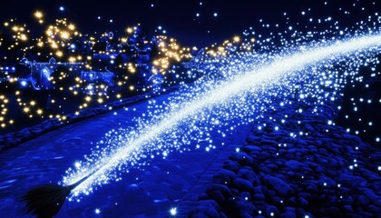 Poster - Abstract digital art depiction of sparkling blue and gold particles streaming across a textured surface against a dark background