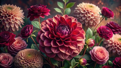 Aufkleber - A symphony of petals in shades of crimson, blush, and ivory, a botanical masterpiece of delicate blooms and lush greenery.