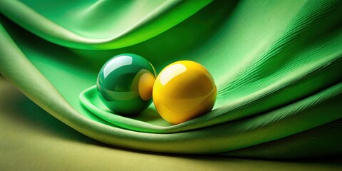 Fototapete - Abstract Photography A Vivid Green Fabric Draped Over Two Shiny Spheres, One Yellow and One Green, Creating a Minimalist Color Contrast and Geometric Composition