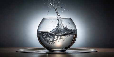 Poster - A dramatic splash of water inside a round glass container creating a visual burst of movement and energy on a subtle wooden surface