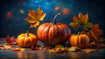 Poster - A trio of pumpkins, nestled amidst a bed of vibrant autumn leaves, bathed in the warm glow of a fading summer sun.